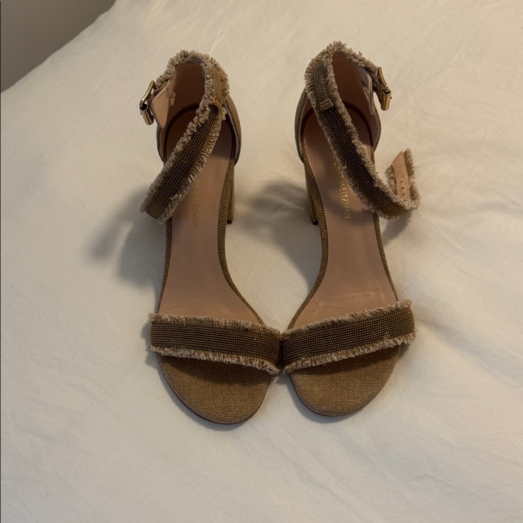 Stuart Weitzman Tan Frayed Heels